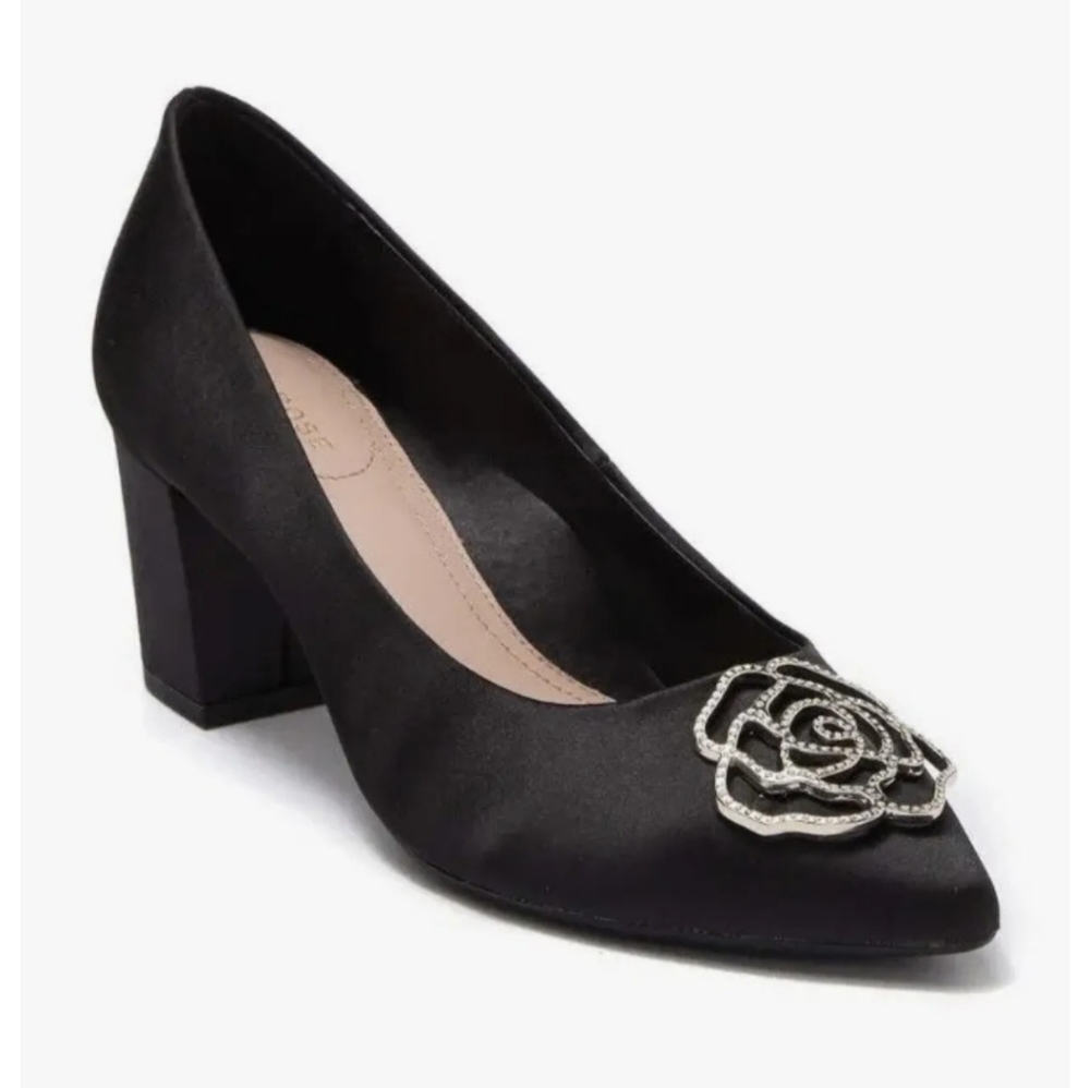 Taryn Rose Size 8B Black Satin Maci Pumps Crystal Rose Block Heel